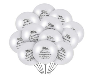 Puede incluir: Un montón de globos blancos con el texto "Miss you forever, Love you always, We will never forget you, We will Remember you every single day" impreso en ellos.