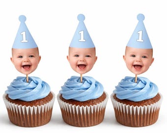 Custom Face Cupcake Toppers, Personalized 1st Birthday Party Hats, Set of 12