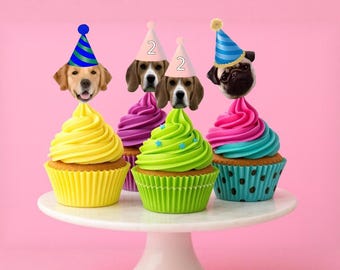 Custom Dog Face Cupcake Toppers, Pet Birthday Face Toppers- Set of 12