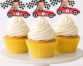 Personalized Race Car Photo Cupcake Topper: Fast One Birthday