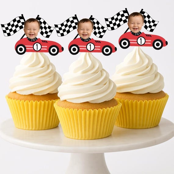 Personalized Race Car Photo Cupcake Topper: Fast One Birthday