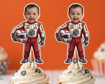 Custom Race Car Driver Face Cupcake Topper with Any Age, Personalized Photo Topper, Fast One 1st Birthday