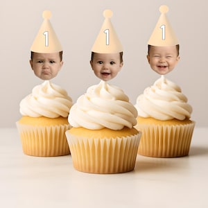 Topper per cupcake con foto del viso personalizzato, cappello per la festa del primo compleanno, decorazione per cappello per la festa con foto del viso divertente, viso personalizzato su bastoncino
