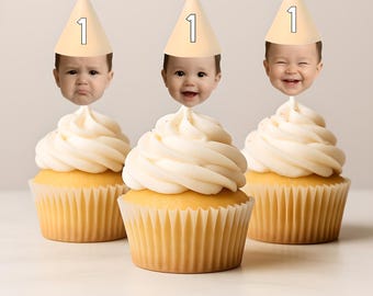 Personalized Face Photo Cupcake Toppers: First Birthday Party Hats - Set of 12