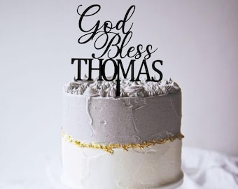 Rustic God Bless Cake Topper: Personalized Christening, Communion