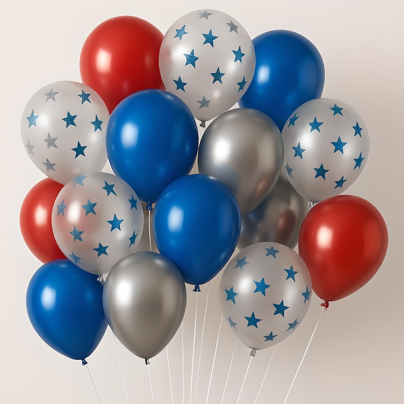 May include: A cluster of red, blue, silver, and white balloons. Some balloons have blue star patterns. The balloons are tied together with white strings, creating a festive and celebratory arrangement.