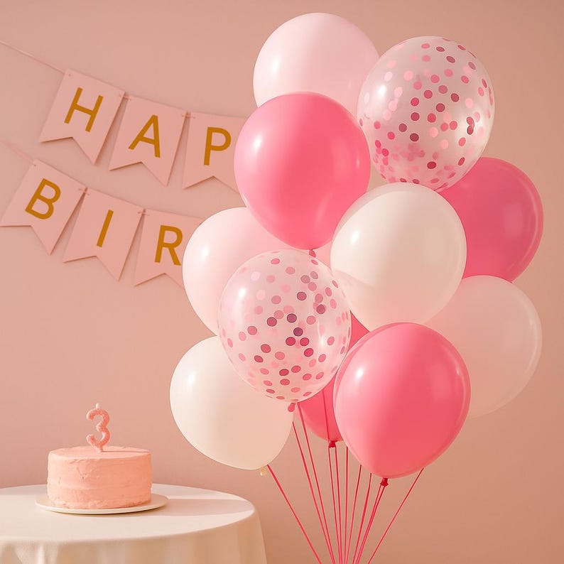 Puede incluir: Un conjunto de globos rosas, blancos y con confeti. Una pancarta con la frase "Happy Birthday" cuelga en el fondo. Una peque&ntilde;a tarta con una vela con el n&uacute;mero 3 est&aacute; sobre una mesa.