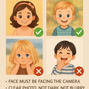 May include: An illustrated guide with the text "HOW TO CHOOSE THE RIGHT PHOTO?" displays four cartoon children. Two children are marked with green checkmarks, and two are marked with red X's. The text below the images reads: FACE MUST BE FACING THE CAMERA, CLEAR PHOTO, NOT DARK, NOT BLURRY, HANDS CANNOT THE FACE.