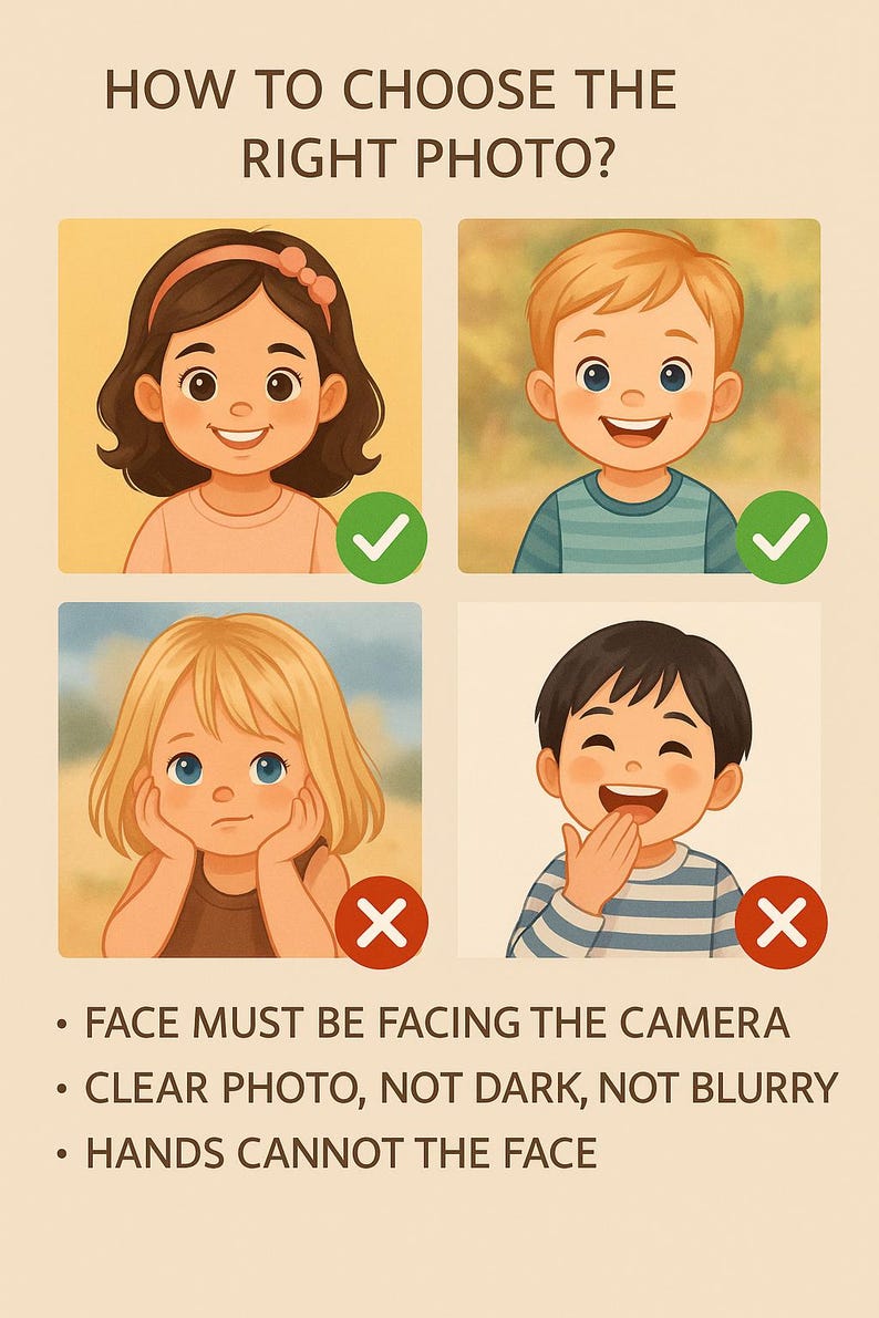 May include: An illustrated guide with the text "HOW TO CHOOSE THE RIGHT PHOTO?" displays four cartoon children. Two children are marked with green checkmarks, and two are marked with red X's. The text below the images reads: FACE MUST BE FACING THE CAMERA, CLEAR PHOTO, NOT DARK, NOT BLURRY, HANDS CANNOT THE FACE.
