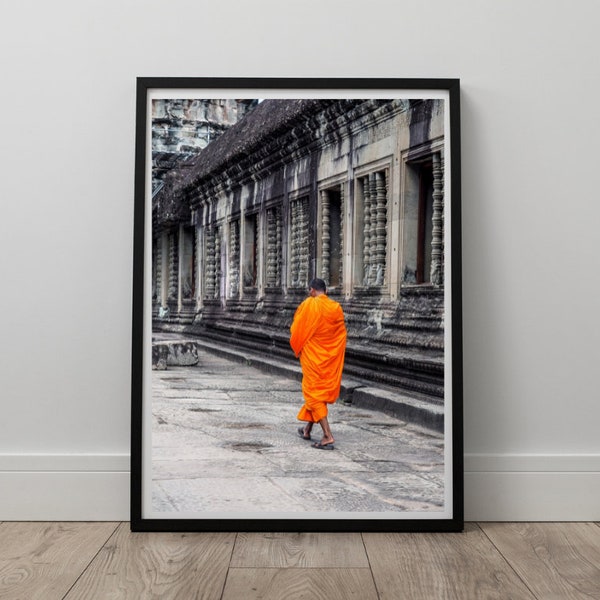 Monk in Cambodia, Angok Wat Art, Temple Print, Back and White Print, Street Photography Digital Wall Art Print, Instant Digital Download