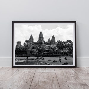 Temples in Cambodia, Angkor Wat - (Landscape Black and White Photography Digital Wall Art Print) - Instant Digital Download