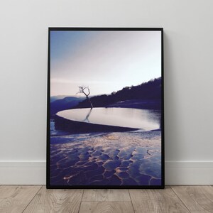 May include: A lone tree stands in a shallow pool of water, its reflection visible in the still surface. The water is surrounded by a rocky, textured landscape, with a soft, purple hue.