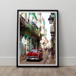 Old Havana Cuba Print, Travel Poster, Red Car Poster, Cuba Photography Digital Wall Art Print, Home Decor Wall Art, Instant Digital Download