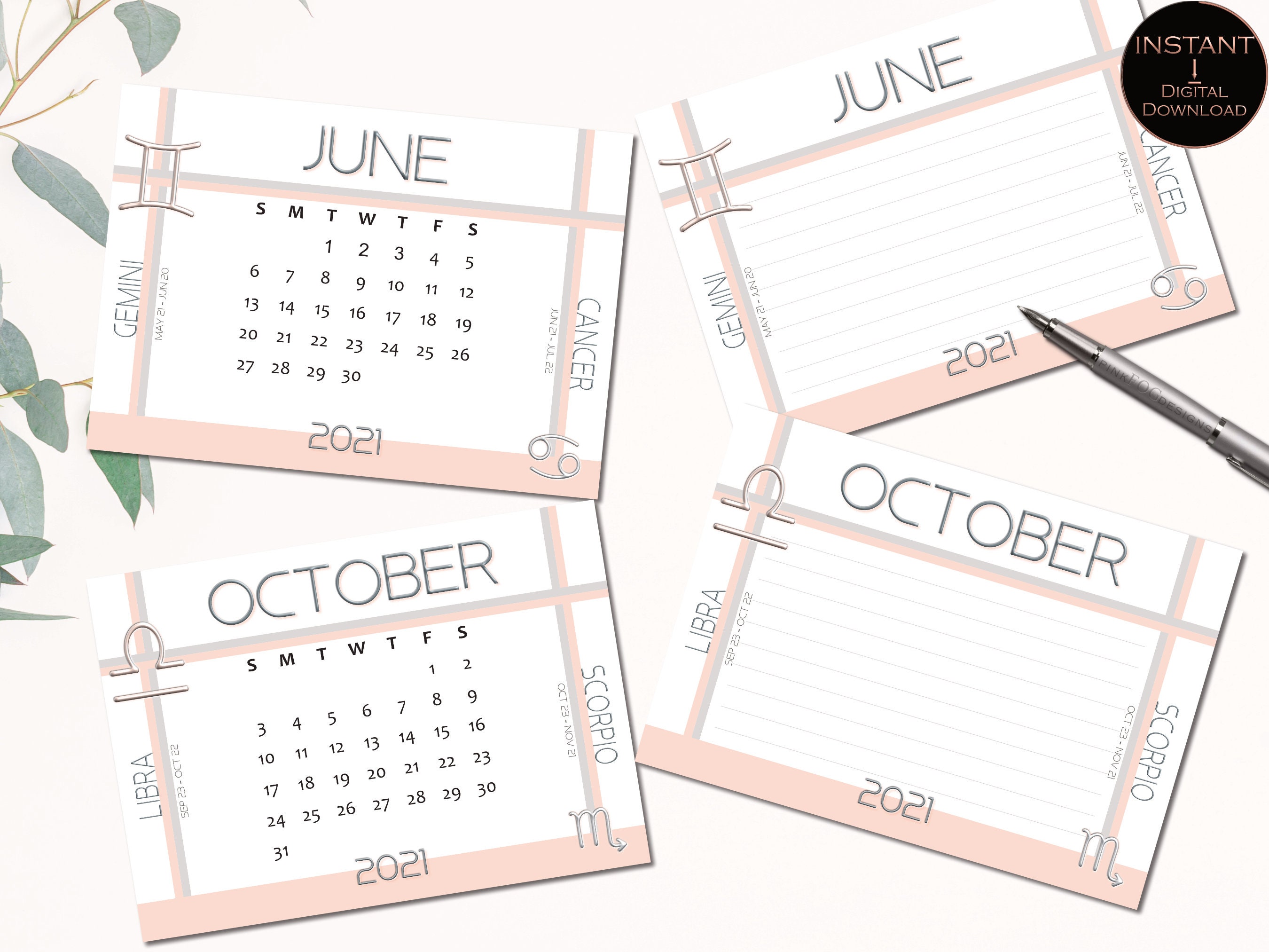 ZODIAC DESK CALENDAR 2021 Digital Calendar Template Calendar Etsy