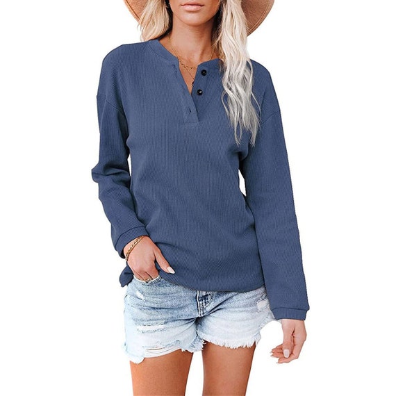 Casual Plain Button V-neck Shirt for 