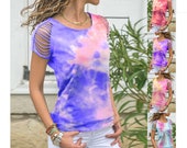 Cut Out Shoulder Tie Dye T Shirt Women Crewneck Short Sleeve Cold Shoulder Tee Tops