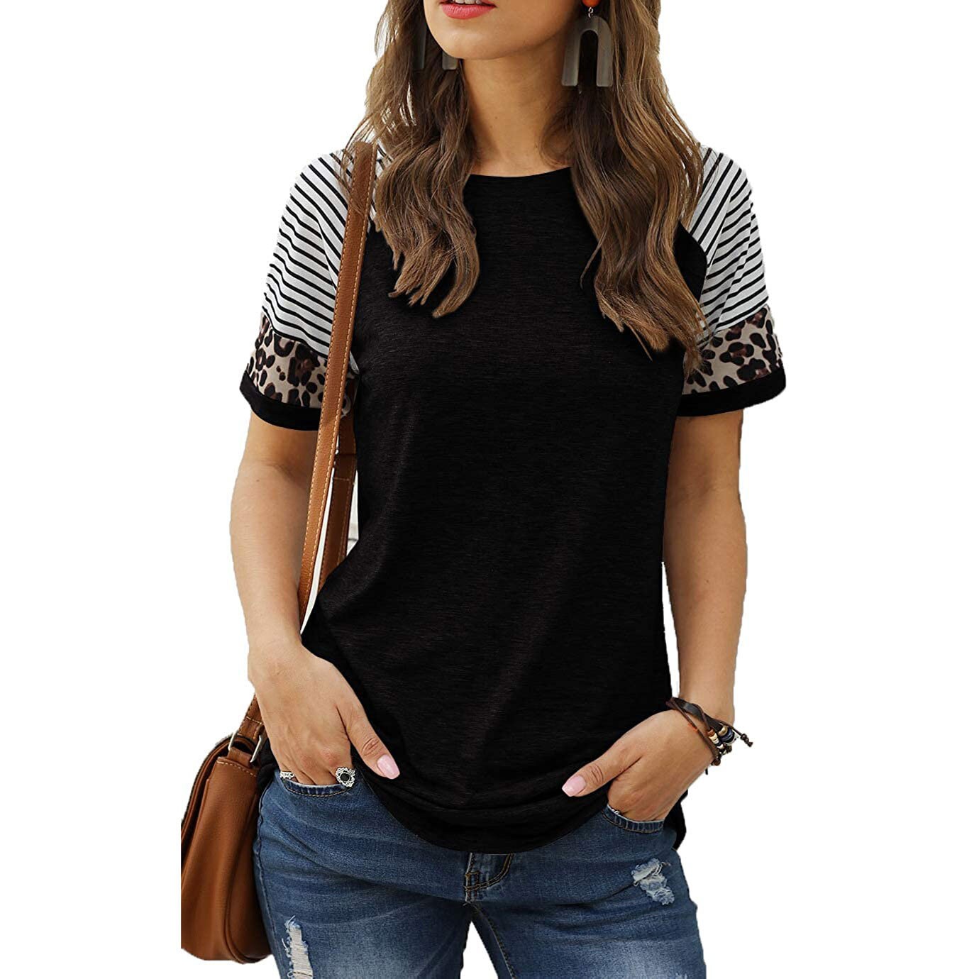 Black and White Striped T Shirt Women's, Womens Striped Tshirt Leopard Short Sleeve