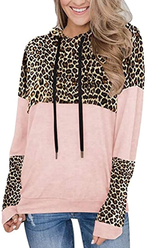 LEANI Leopard Print Tops for Women Long Sleeve Color Block Tunic Sweatshirt Top