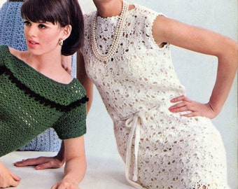 Crochet dresses, 1960's style, vintage patterns,  high resolution cleaned PDF download. Instructions are for all dresses shown (5 dresses)