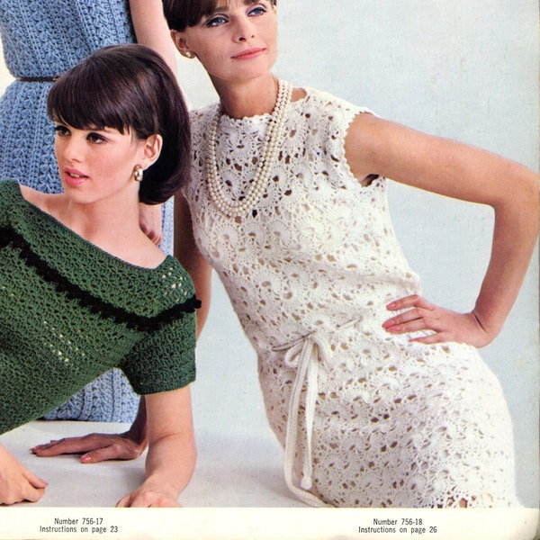 Vestidos de crochet, estilo años 60, patrones vintage, descarga en PDF limpio de alta resolución. Las instrucciones son para todos los vestidos mostrados (5 vestidos)