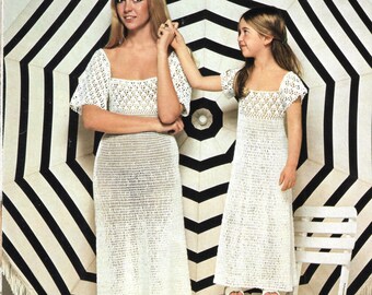Crochet dresses, mother and daughter, vintage pattern,  high resolution cleaned PDF download.