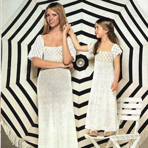 Crochet dresses, mother and daughter, vintage pattern,  high resolution cleaned PDF download.
