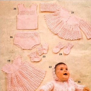 Baby girl crochet layette, dress, coat, jacket, bonnet, bootees, mittens, singlet and pants, vintage pattern, high resolution PDF download