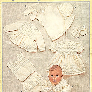 May include: A set of ten knitting patterns for baby clothes, including a dress, sweater, hat, booties, and a vest. The patterns are easy to follow and are perfect for beginner knitters. Instructions begin on page 3.