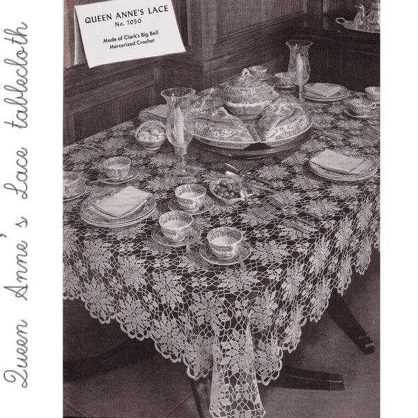 Queen Anne's Lace vintage rectangular tablecloth, high quality PDF pattern download