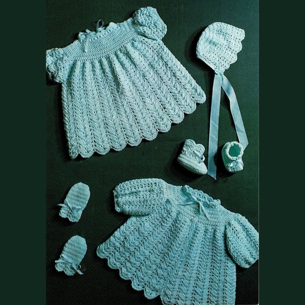 Baby girl crochet layette, dress, coat, bonnet, bootees, mittens, vintage pattern, high resolution PDF download