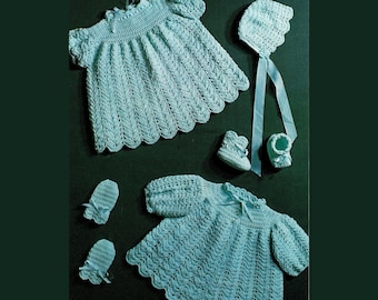 Baby girl crochet layette, dress, coat, bonnet, bootees, mittens, vintage pattern, high resolution PDF download