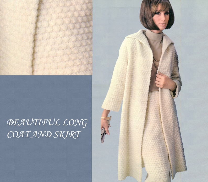 May include: A cream-coloured long coat and skirt ensemble with a textured, bubble-like pattern. The coat features a collar and three-quarter sleeves. The image includes the text "BEAUTIFUL LONG COAT AND SKIRT."