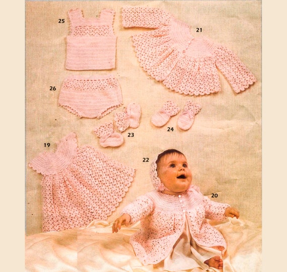 Baby girl crochet layette, dress, coat, jacket, bonnet, bootees, mittens, singlet and pants, vintage pattern, high resolution PDF download