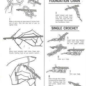May include: Black and white illustrated guide titled "HOW TO CROCHET" with step-by-step instructions. Diagrams show how to create a foundation chain and single crochet stitches. Includes text and diagrams for each step.