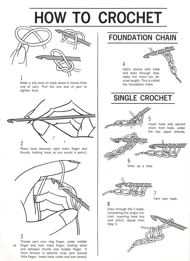 May include: Black and white illustrated guide titled "HOW TO CROCHET" with step-by-step instructions. Diagrams show how to create a foundation chain and single crochet stitches. Includes text and diagrams for each step.