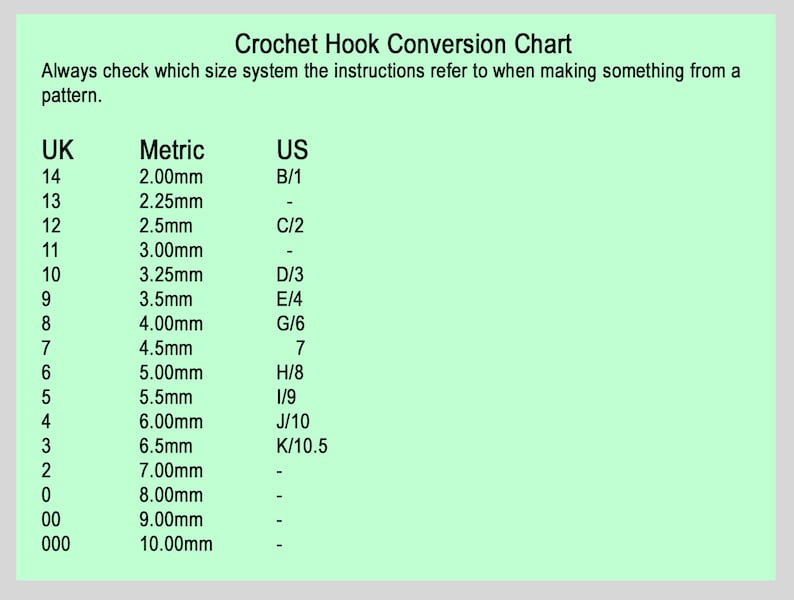 May include: A crochet hook conversion chart with UK, Metric, and US hook sizes listed in columns. The chart shows the corresponding hook sizes for each system, with measurements in millimeters.