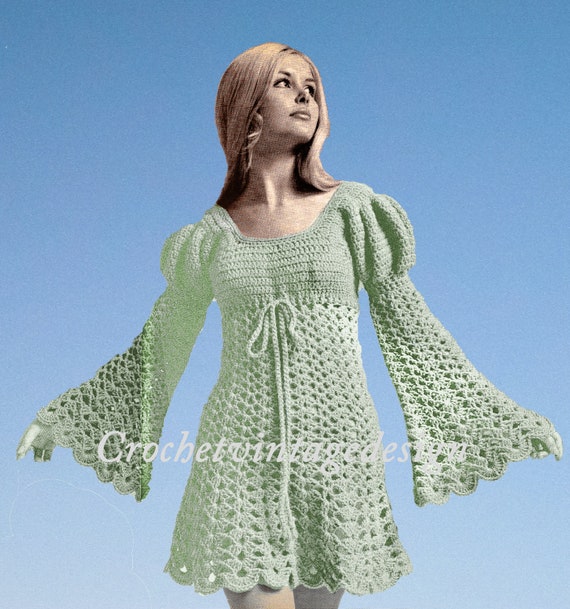 Angel Crochet Dress, 1970's Empire Style Dress, Vintage