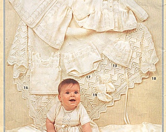 Knitted layette, dress, coat, jacket, bonnet, bootees, mittens, singlet, pants, vintage pattern, high res. PDF download