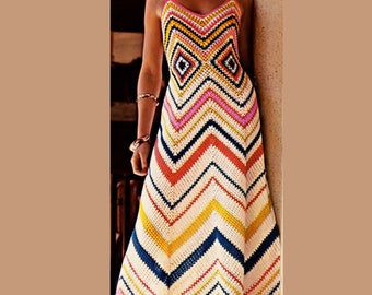 Häkelkleid, 1970er Jahre Stil, vintage Muster, hochauflösende PDF-Datei zum Download.