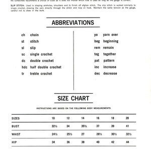 May include: A black and white page with text detailing crochet abbreviations and a size chart. The abbreviations include terms like 'chain', 'stitch', and 'yarn over'. The size chart lists bust, waist, and hip measurements for sizes 10-20.