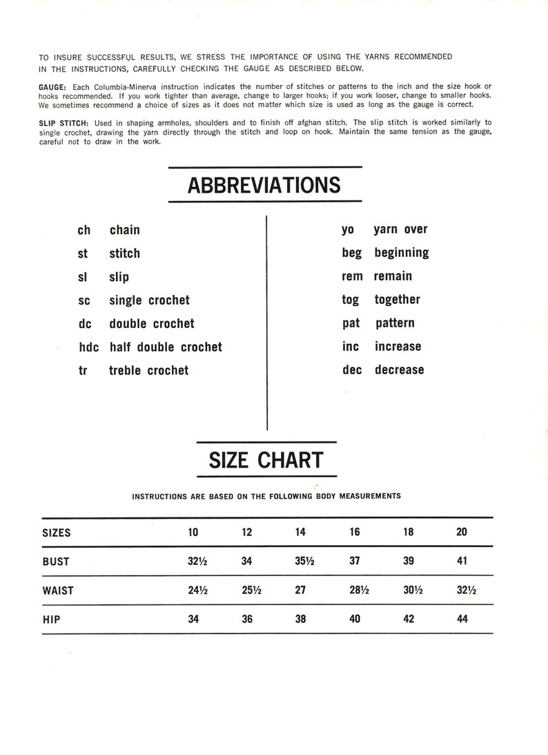 May include: A black and white page with text detailing crochet abbreviations and a size chart. The abbreviations include terms like 'chain', 'stitch', and 'yarn over'. The size chart lists bust, waist, and hip measurements for sizes 10-20.