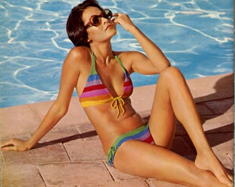 Beautiful colorful crochet bikini, vintage pattern,  high res PDF