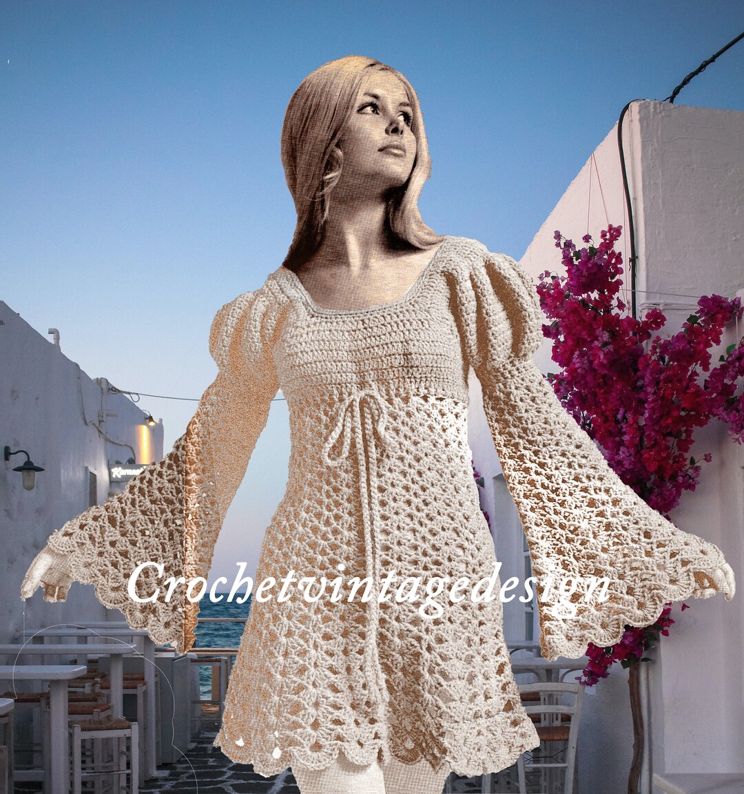 Angel Crochet Dress, 1970's Empire Style Dress, Vintage Angel Crochet Dress, 1970's Empire Style Dress, Vintage