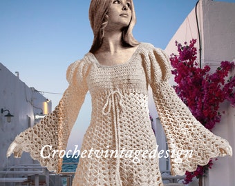 Angel crochet dress, 1970's Empire style dress, vintage pattern,  bell sleeves dress,  high res. PDF download.