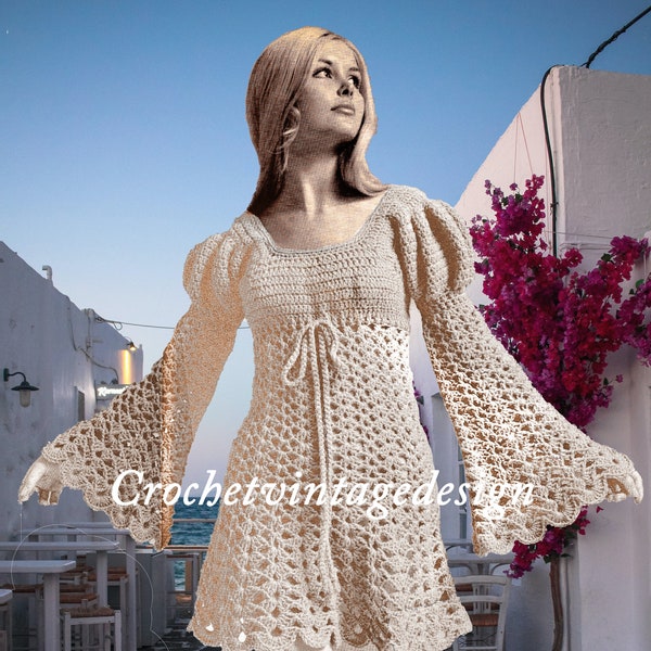 Angel crochet dress, 1970's Empire style dress, vintage pattern,  bell sleeves dress,  high res. PDF download.