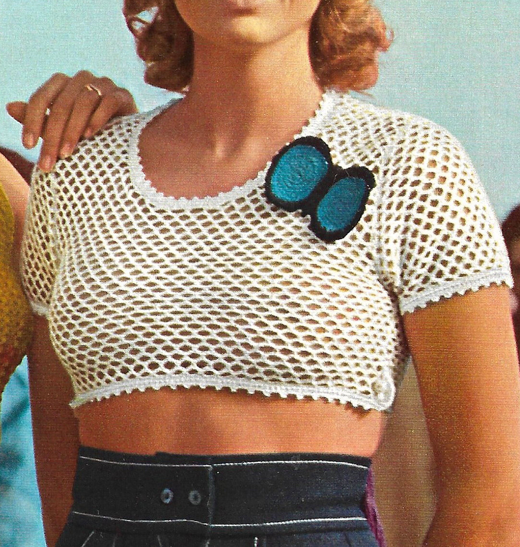1960s Handmade Crocheted Crop Top w Blue & Gold Metallic Accents