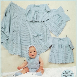 May include: A set of crocheted baby clothes in a light blue colour, including a blanket, a hat, a dress, a cardigan, and booties. The set is laid out on a white background with a baby sitting in the centre wearing a crocheted outfit.