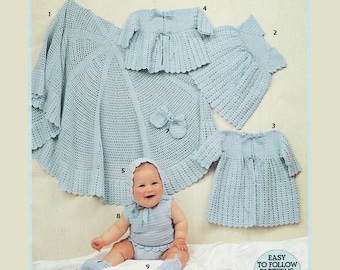 Baby crochet layette, shawl, dress, coat, jacket, bonnet, bootees, mittens, singlet and pants, vintage pattern, high resolution PDF download