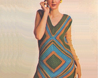 Häkelkleid, 70er Jahre Stil, Vintage Muster, hochauflösende PDF-Download gereinigt.