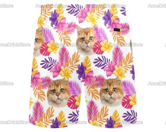 COVASA Mens Summer ShortsCute Pattern with Cats and Hearts 